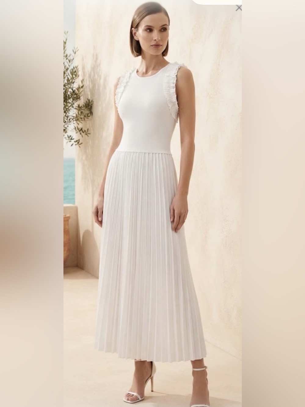 Ellen Tracy NWT White Sleeveless Pleated Maxi Dress